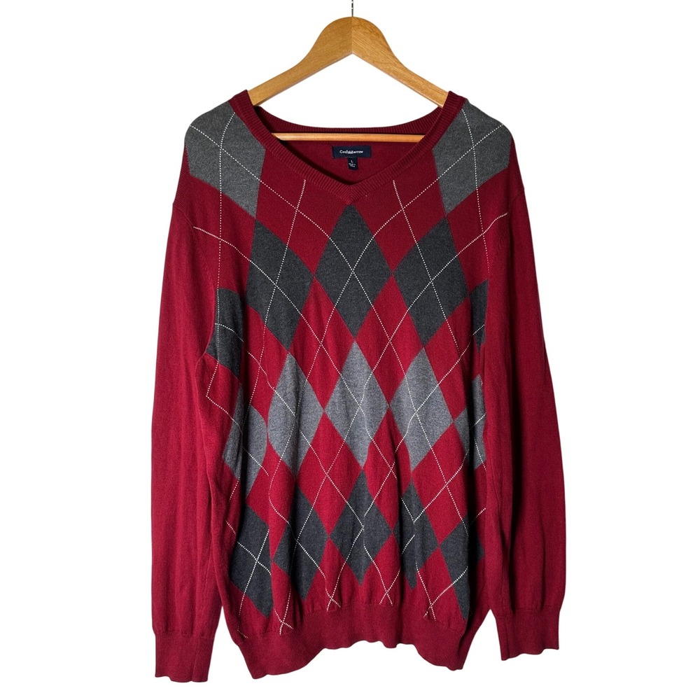 Stafford Argyle Sweater Mens V Neck‎ Red Gray Long Sleeve Pullover Academia Y2K